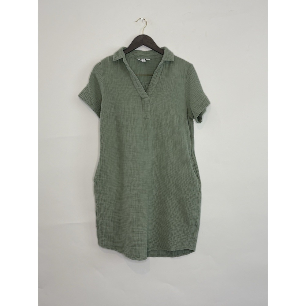 Three Dots Double Gauze Shirt Dress Women Small Jade Green 100% Cotton Pockets